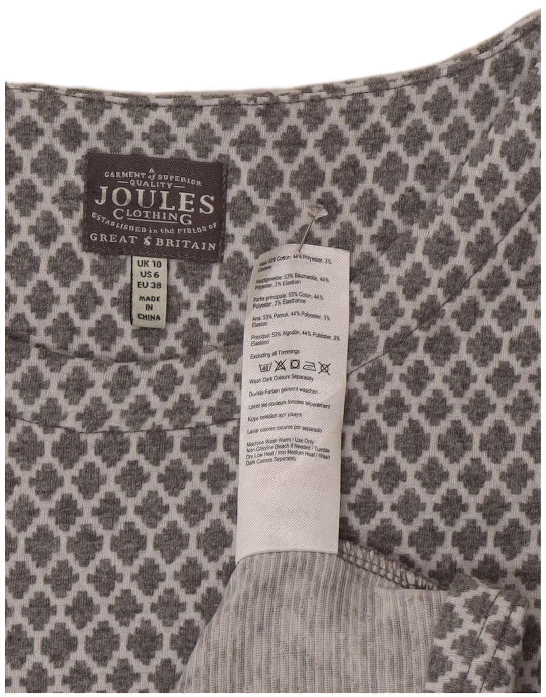 Joules Womens Long Sleeve Basic Dress UK 10 Small Grey Geometric Cotton