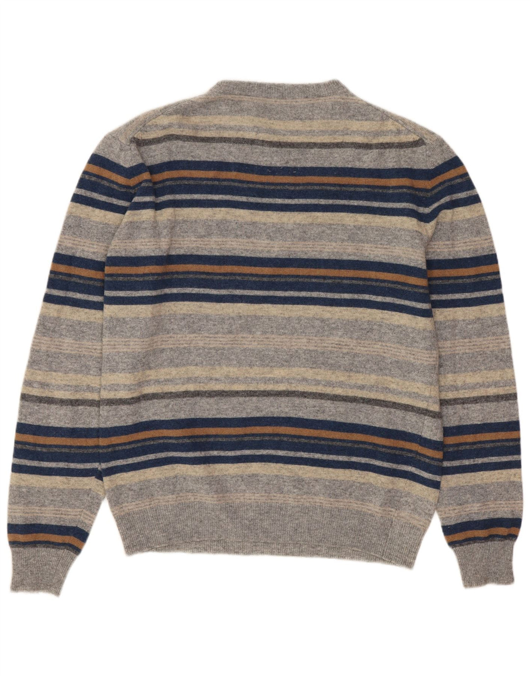 Vintage Mens Crew Neck Jumper Sweater Small Grey Striped Virgin Wool