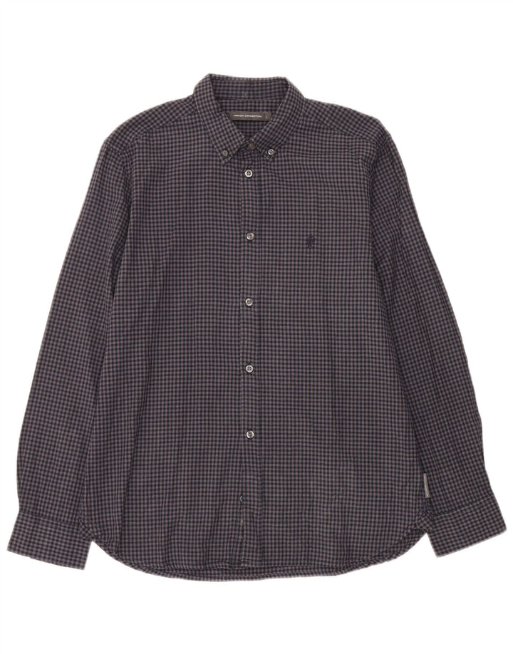 French Connection Mens Flannel Shirt Large Navy Blue Gingham Cotton