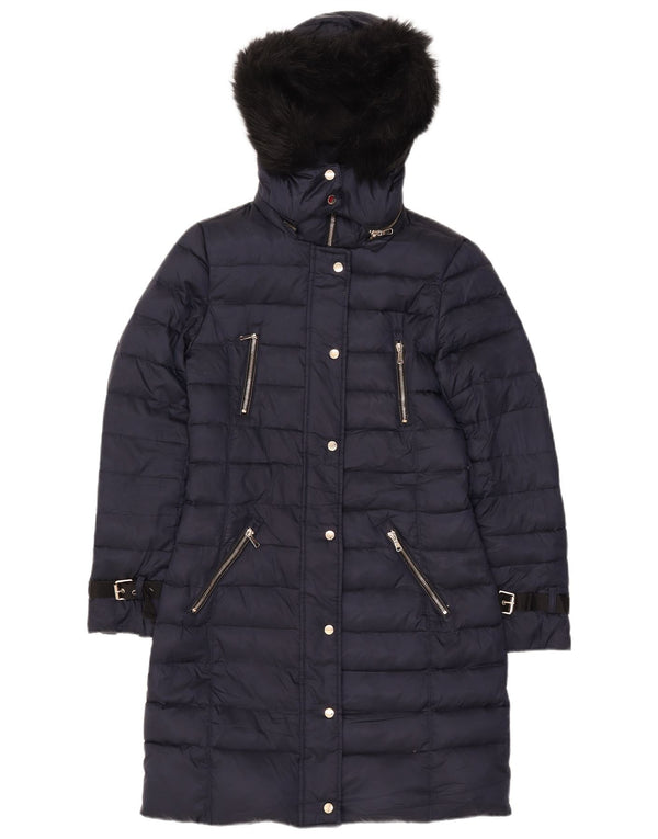 Zara Womens Hooded Padded Coat UK 10 Small Navy Blue Polyester