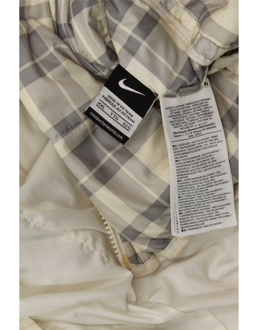 Nike Mens Hooded Reversible Padded Jacket UK 44 2XL White Check Polyester