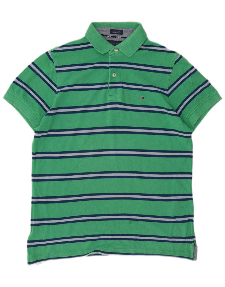 TOMMY HILFIGER Mens Custom Fit Polo Shirt Small Green Striped Cotton