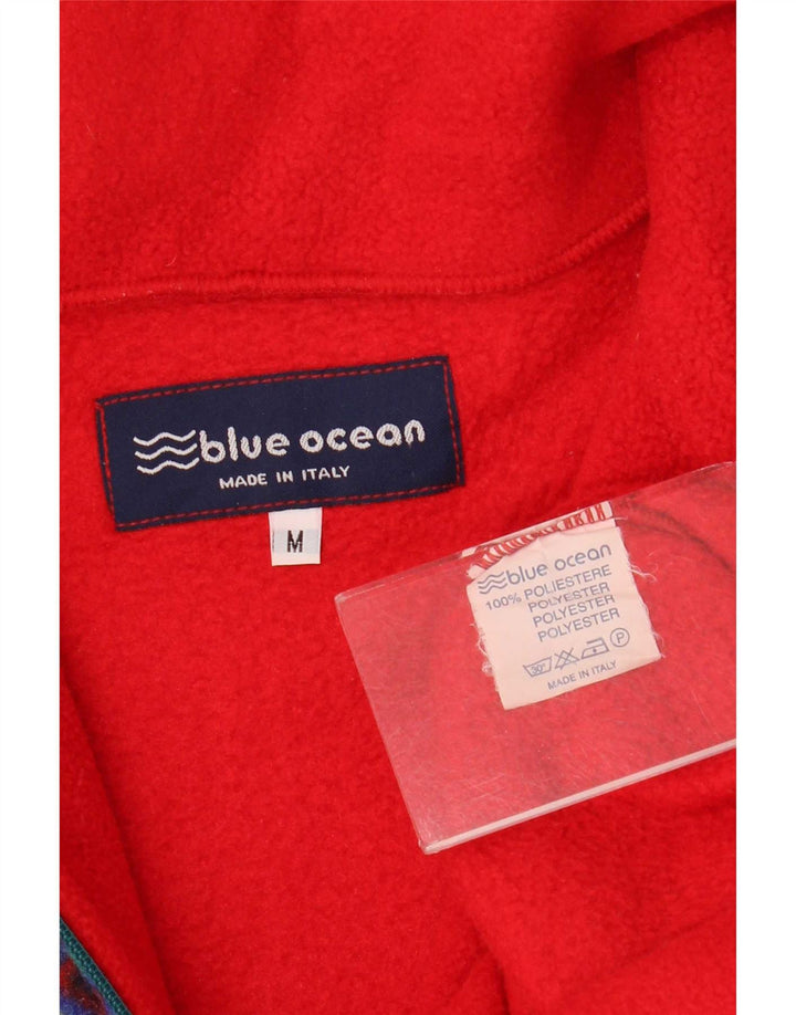 Vintage Mens Zip Neck Fleece Jumper Medium Red Geometric Polyester