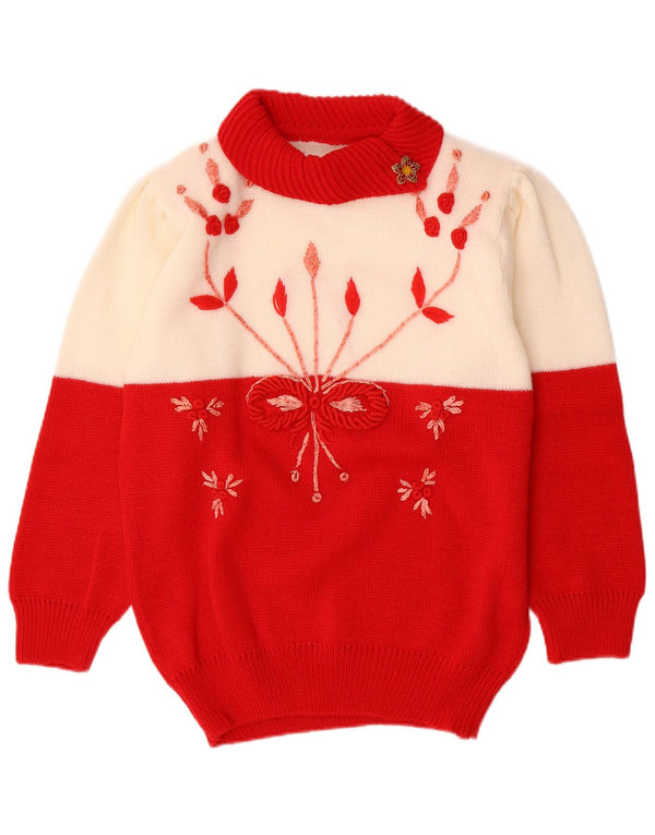 Vintage Womens Roll Neck Jumper Sweater UK 14 Large Red Colourblock Acrylic