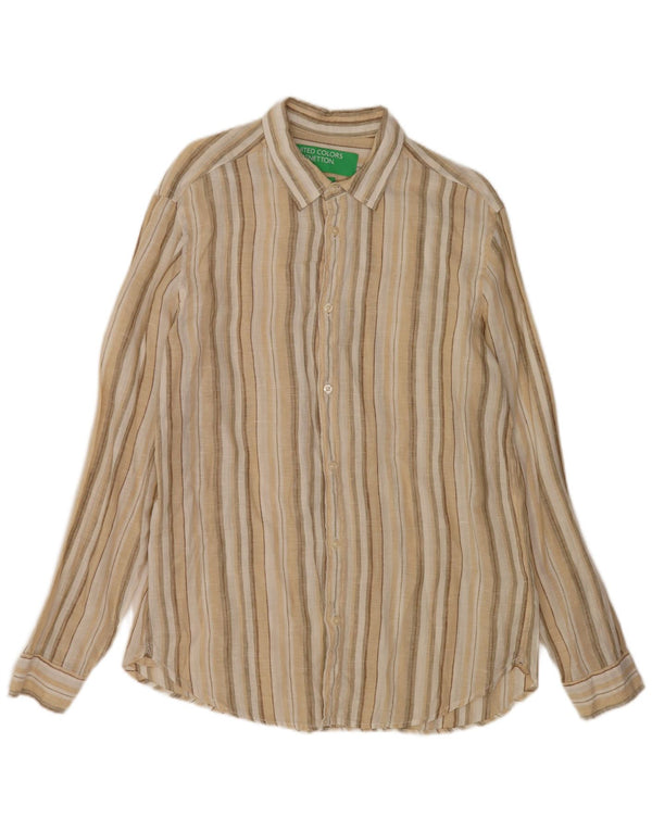 Benetton Mens Shirt Medium Beige Striped Linen