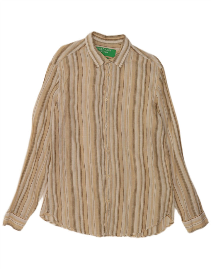 Benetton Mens Shirt Medium Beige Striped Linen