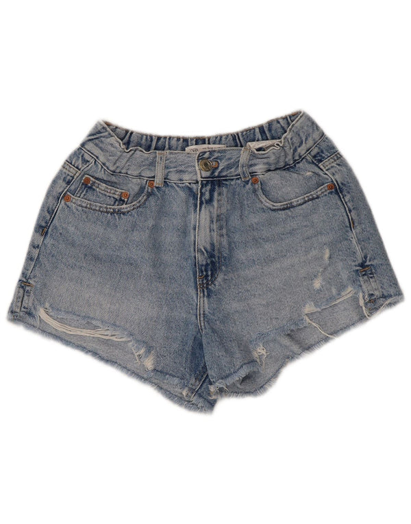 ZARA Girls High Waist Distressed Denim Shorts 13-14 Years W28 Blue