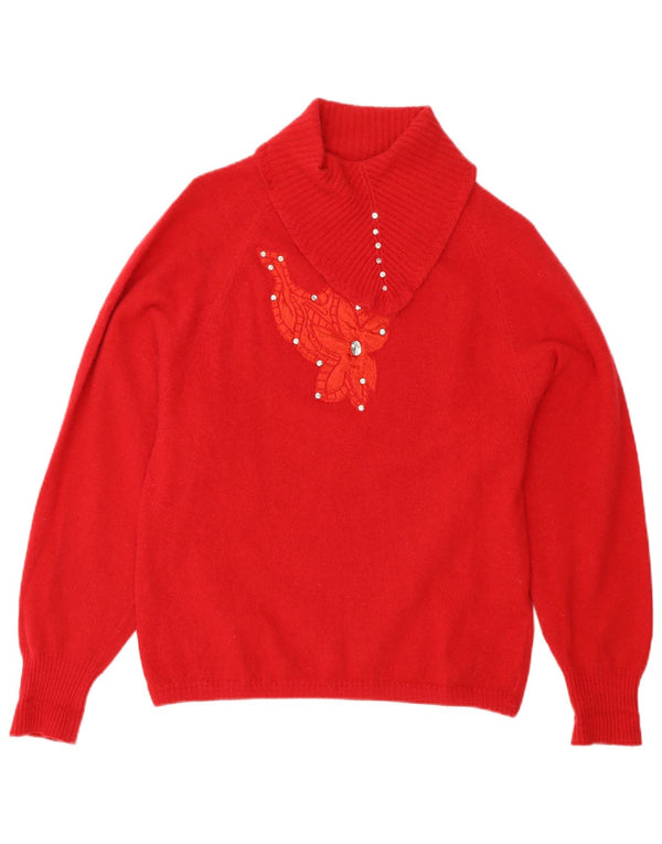 Vintage Womens Shawl Neck Jumper Sweater UK 12 Medium Red Wool