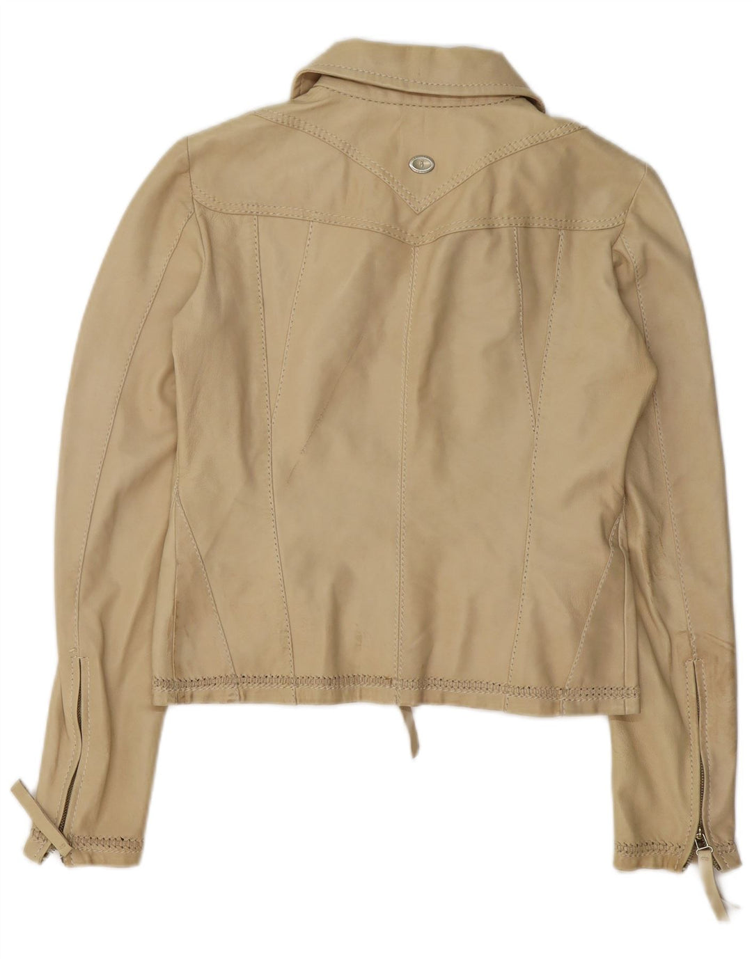 TRUSSARDI JEANS Womens Crop Leather Jacket IT 44 Medium Beige Leather