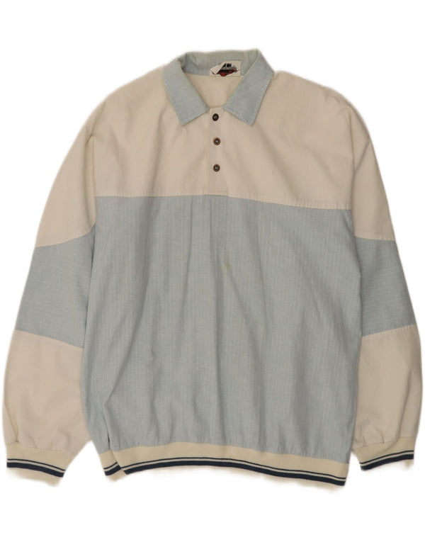 VINTAGE Mens Long Sleeve Polo Shirt Large Blue Colourblock Cotton