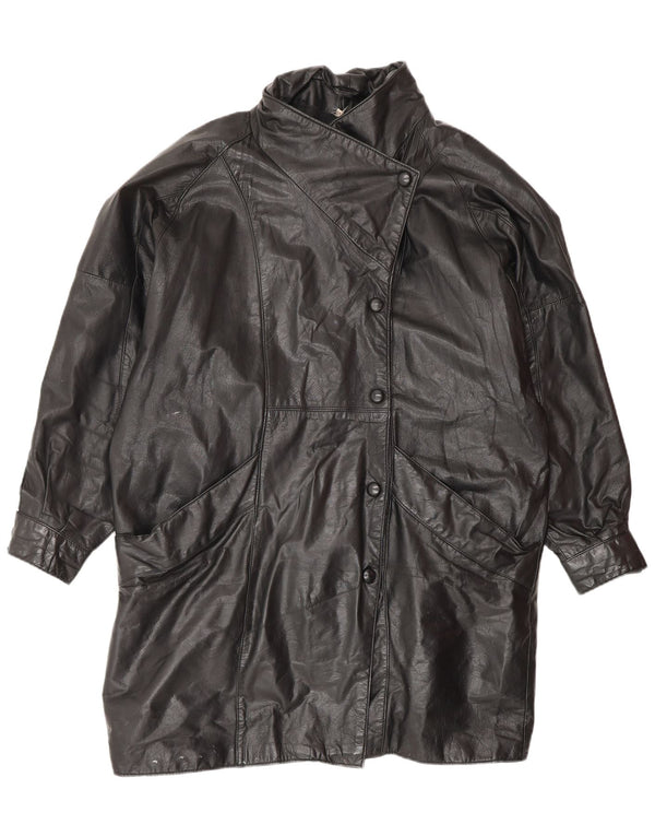 VINTAGE Womens Oversized Leather Coat UK 14 Medium  Black Leather