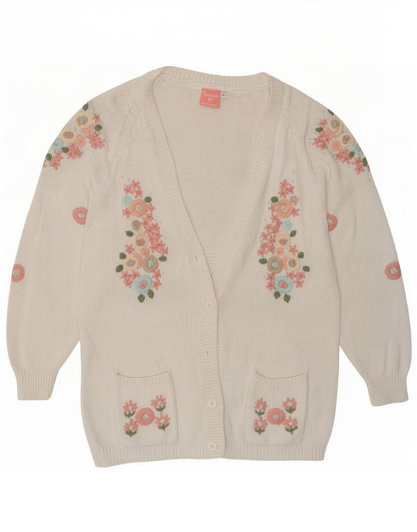 Vintage Womens Cardigan Sweater UK 14 Medium White Floral Cotton