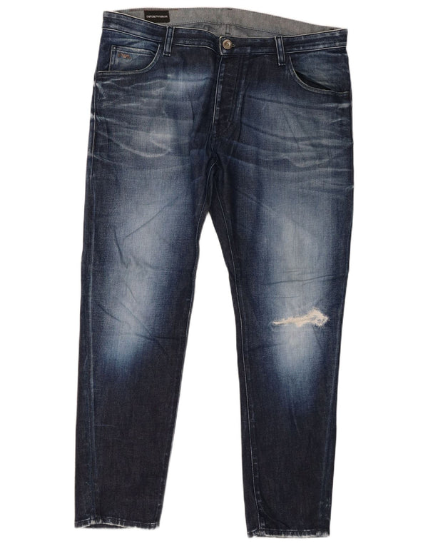 Emporio Armani Mens Distressed Slim Jeans W36 L30 Navy Blue Cotton