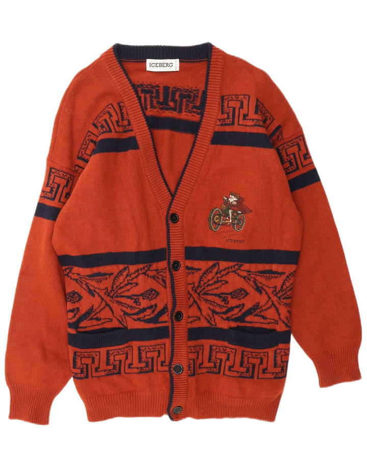 ICEBERG Mens Graphic Cardigan Sweater Medium Brown Geometric Virgin Wool