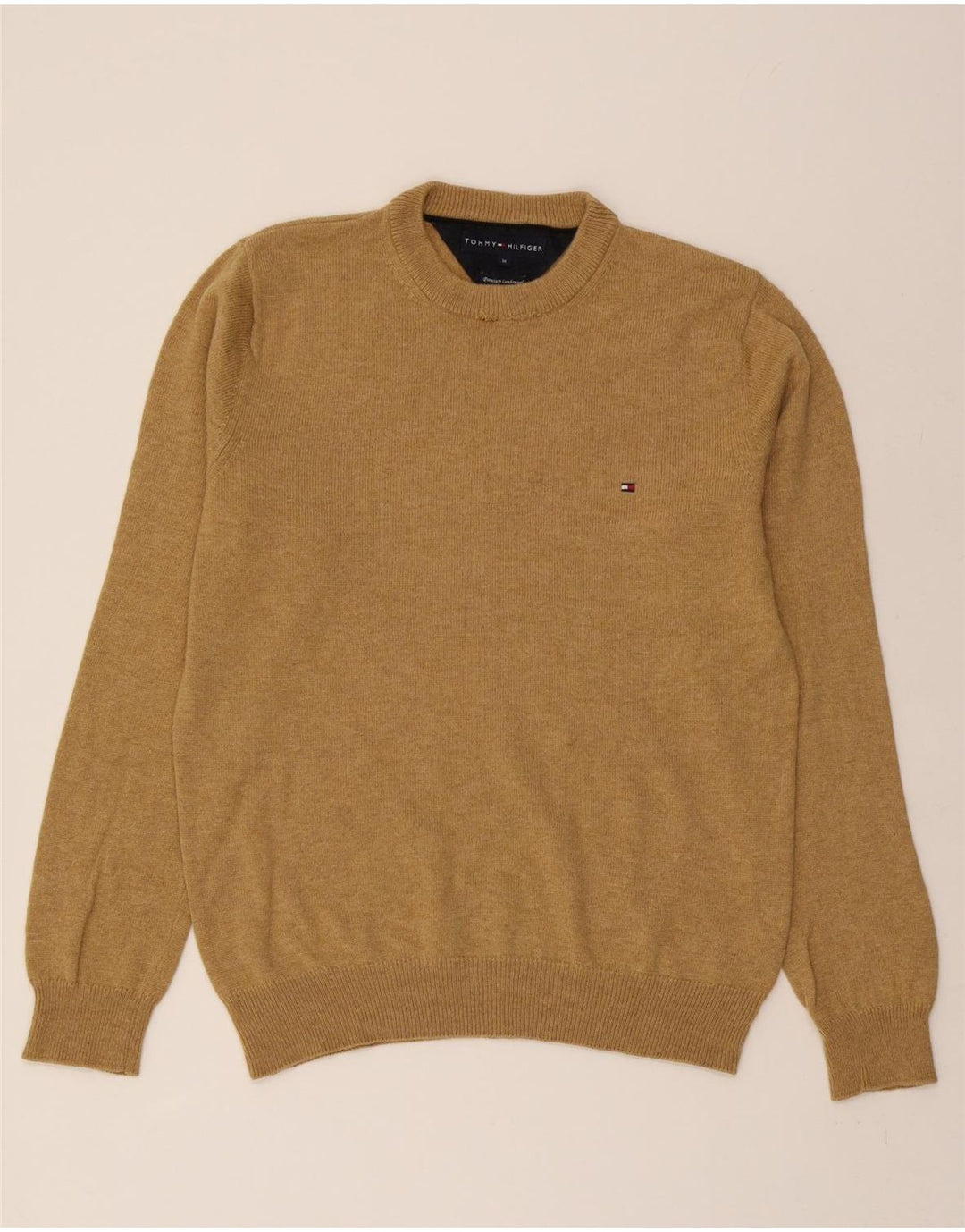 TOMMY HILFIGER Mens Crew Neck Jumper Sweater Medium Beige Lambswool Vintage Tommy Hilfiger and Second-Hand Tommy Hilfiger from Messina Hembry 