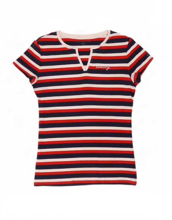 Tommy Hilfiger Womens T-Shirt Top UK 12 Medium Navy Blue Striped Cotton