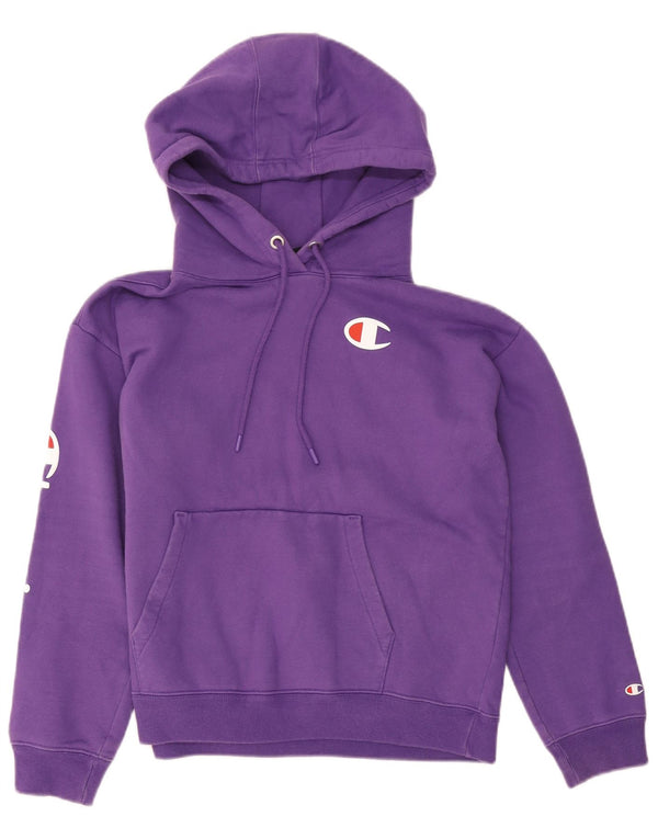 CHAMPION Womens Graphic Oversized Hoodie Jumper UK 14 Medium Purple Cotton