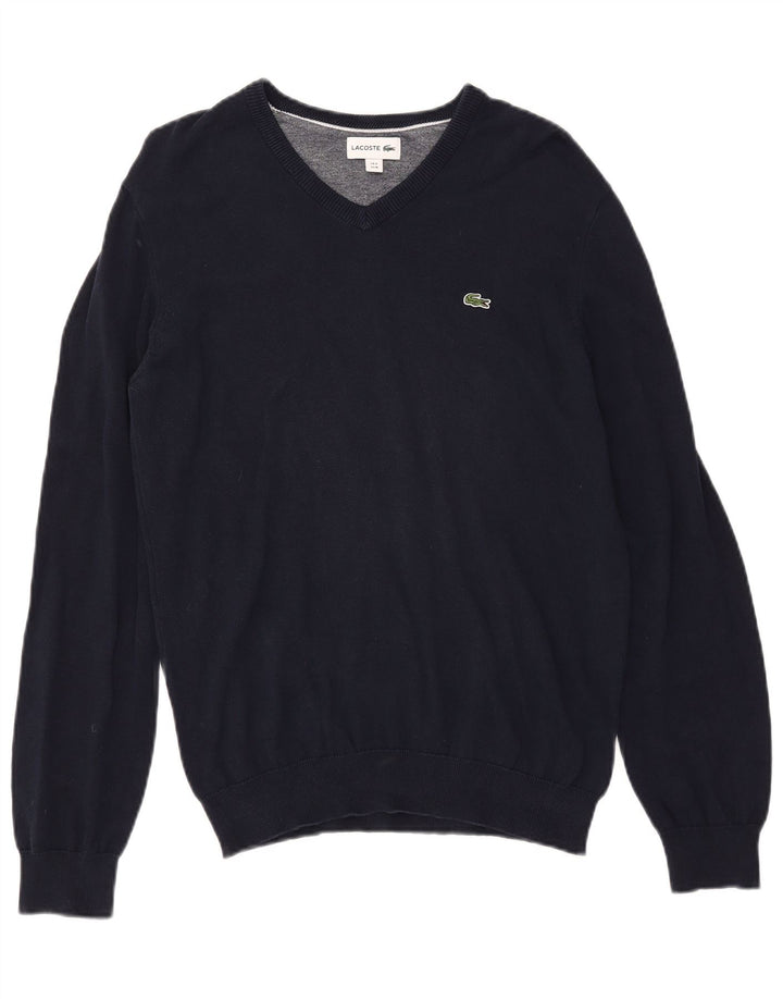 LACOSTE Mens V-Neck Jumper Sweater Size 4 Medium Navy Blue Cotton