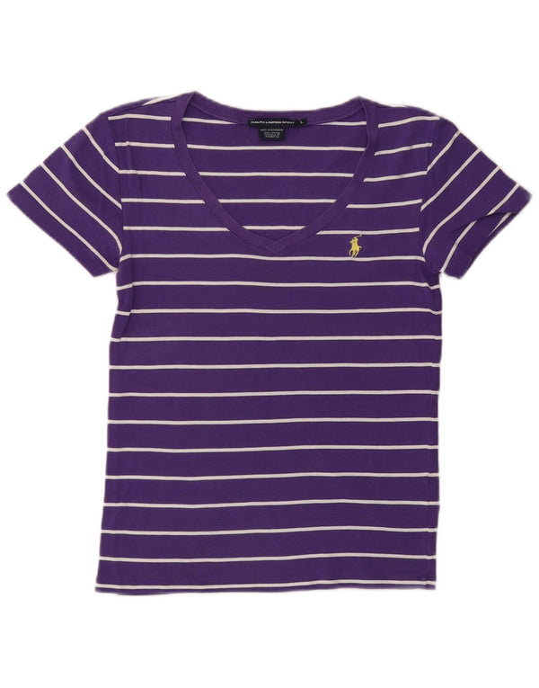 RALPH LAUREN Womens T-Shirt Top UK 14 Large Purple Striped Cotton