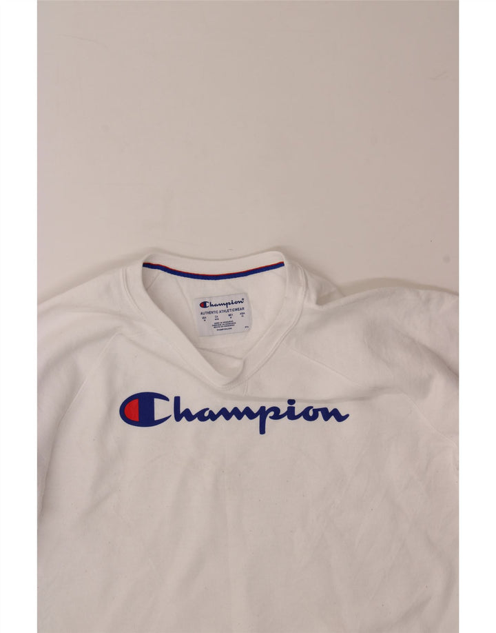 CHAMPION Mens Graphic Sweatshirt Jumper Medium White Polyester Vintage Champion and Second-Hand Champion from Messina Hembry 
