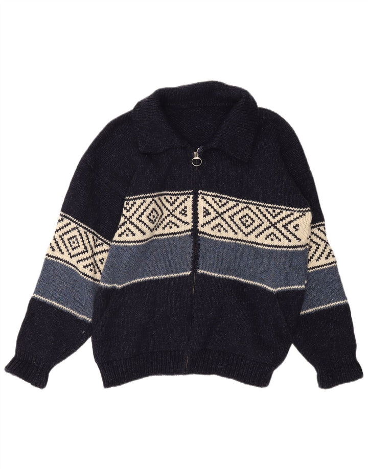 VINTAGE Mens Cardigan Sweater Large Navy Blue Argyle/Diamond