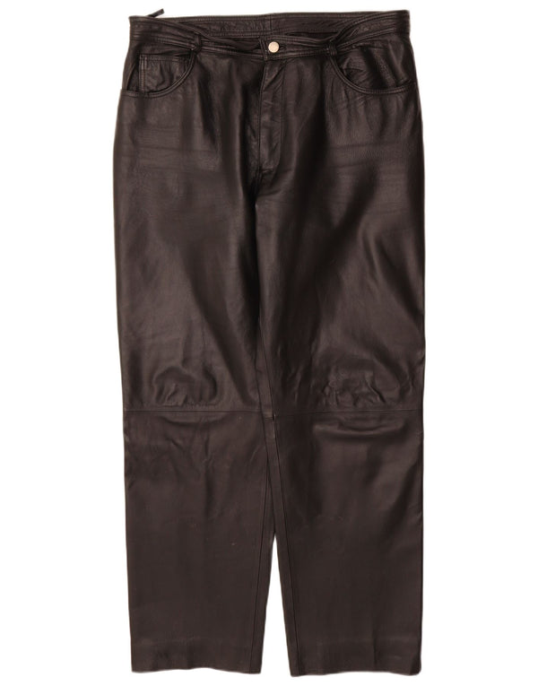 Vintage Mens Straight Leather Trousers IT 52 XL W36 L31 Black Leather
