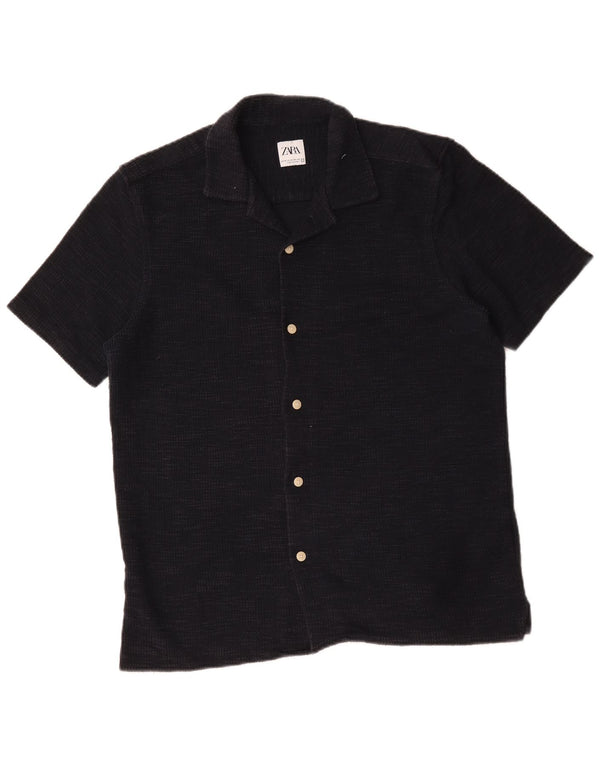Zara Mens Short Sleeve Flannel Shirt Medium Navy Blue Cotton