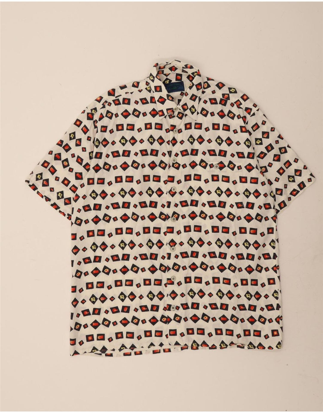 VINTAGE Mens Short Sleeve Shirt Large Off White Geometric