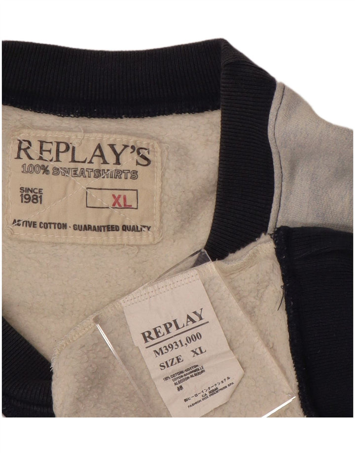 REPLAY Mens Graphic Sweatshirt Jumper XL Blue Colourblock Cotton