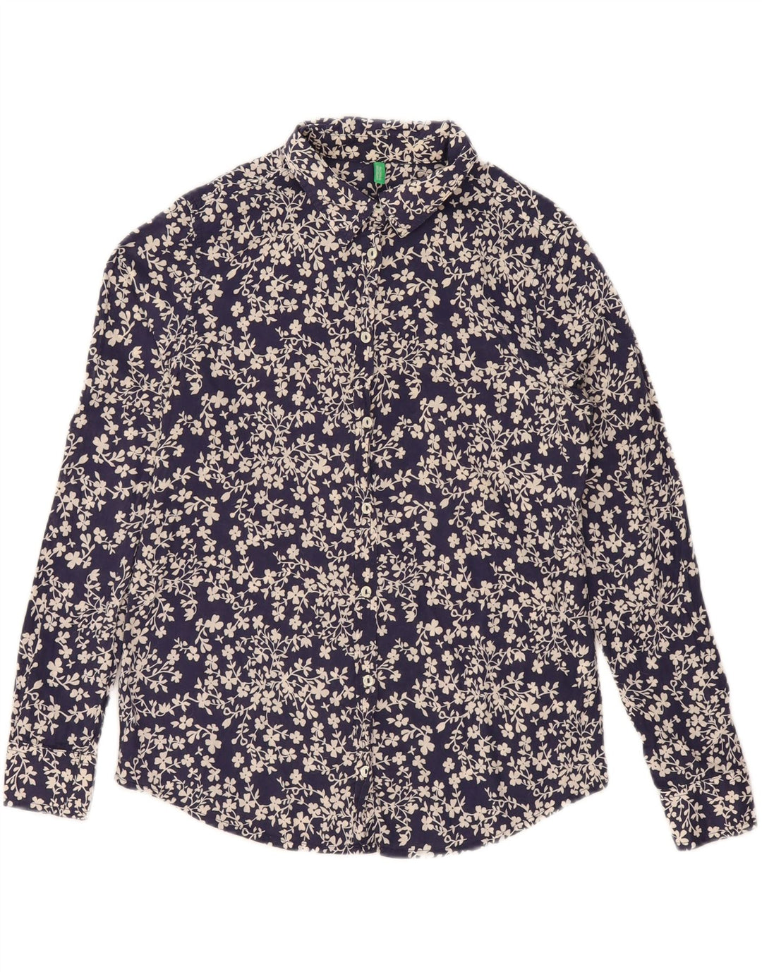 BENETTON Womens Oversized Shirt UK 10 Small Navy Blue Floral Cotton