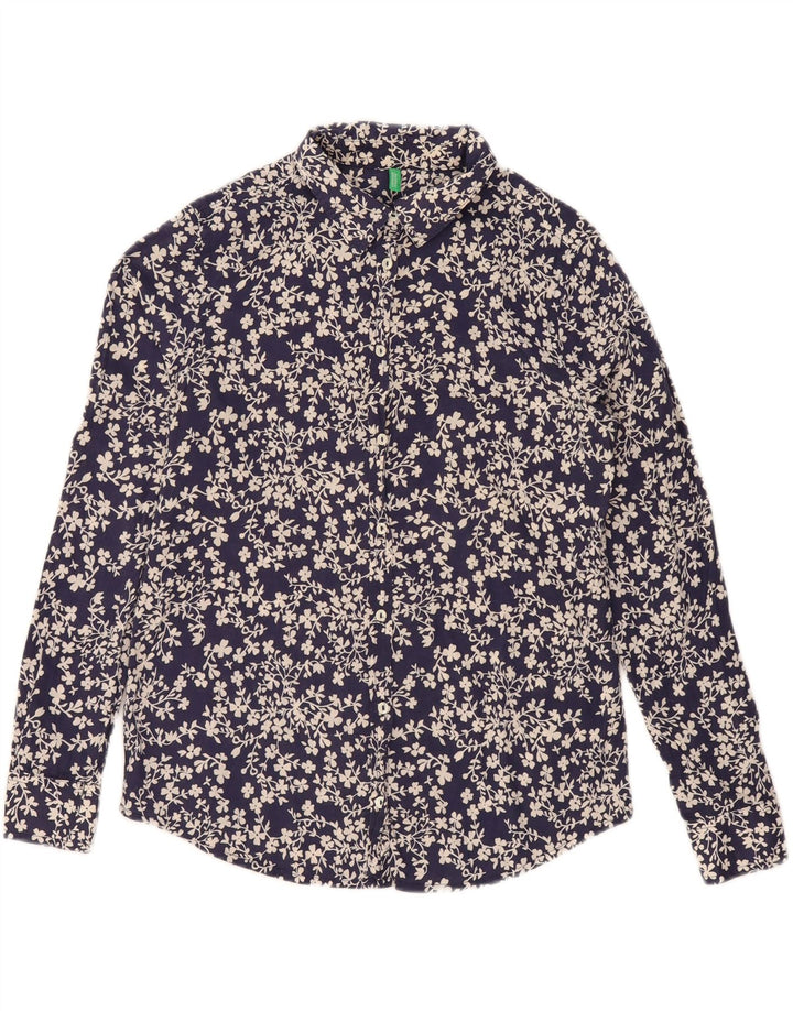 BENETTON Womens Oversized Shirt UK 10 Small Navy Blue Floral Cotton