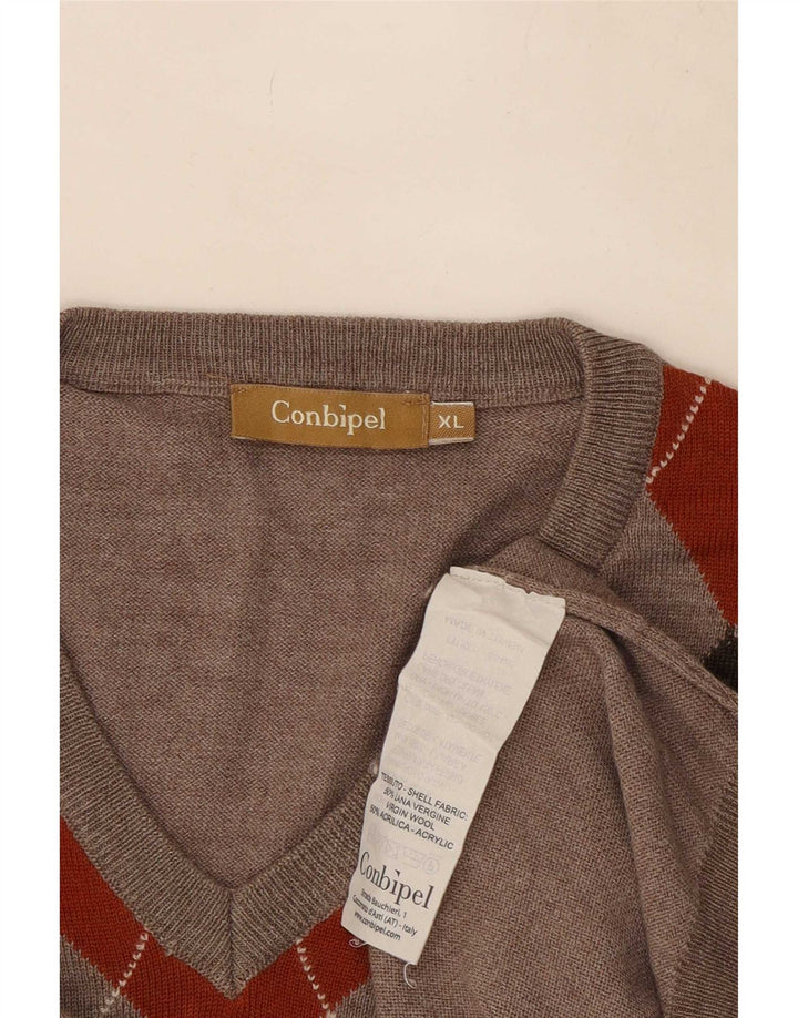 Conbipel Mens V-Neck Jumper Sweater XL Grey Argyle/Diamond Wool