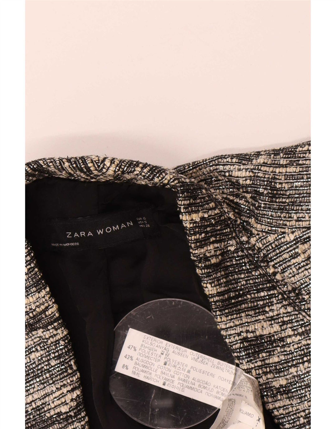 Zara Womens Crop Open Blazer Jacket UK 10 Small Black Flecked Polyester