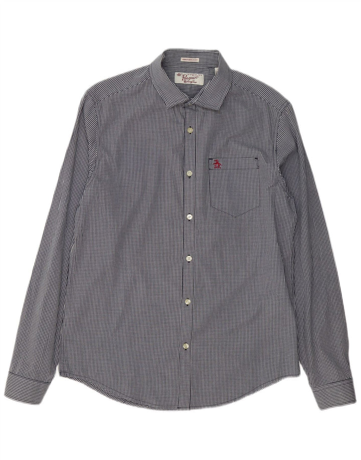 Penguin Mens Heritage Slim Fit Shirt Medium Navy Blue Gingham Cotton