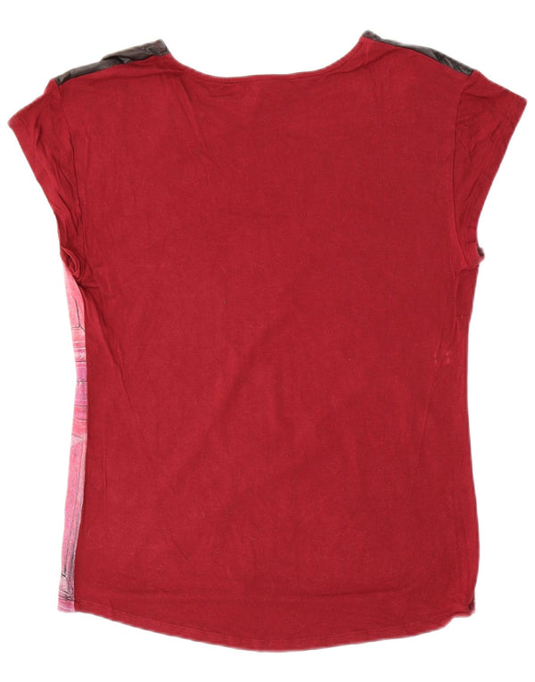 DESIGUAL Womens Graphic T-Shirt Top UK 10 Small Burgundy Viscose