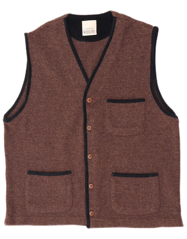 Vintage Mens Weekend Sleeveless Cardigan Sweater Large Brown Wool