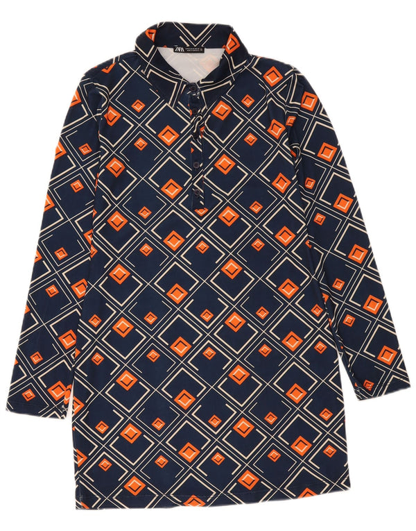 Zara Womens Pullover Shirt Dress UK 12 Medium Navy Blue Geometric