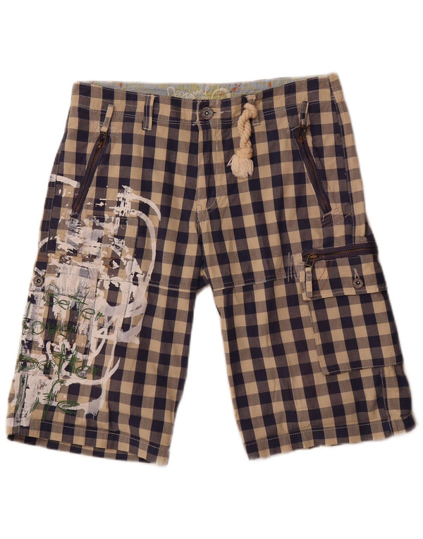 Desigual Womens Graphic Cargo Shorts EU 42 Large W34 Navy Blue Gingham