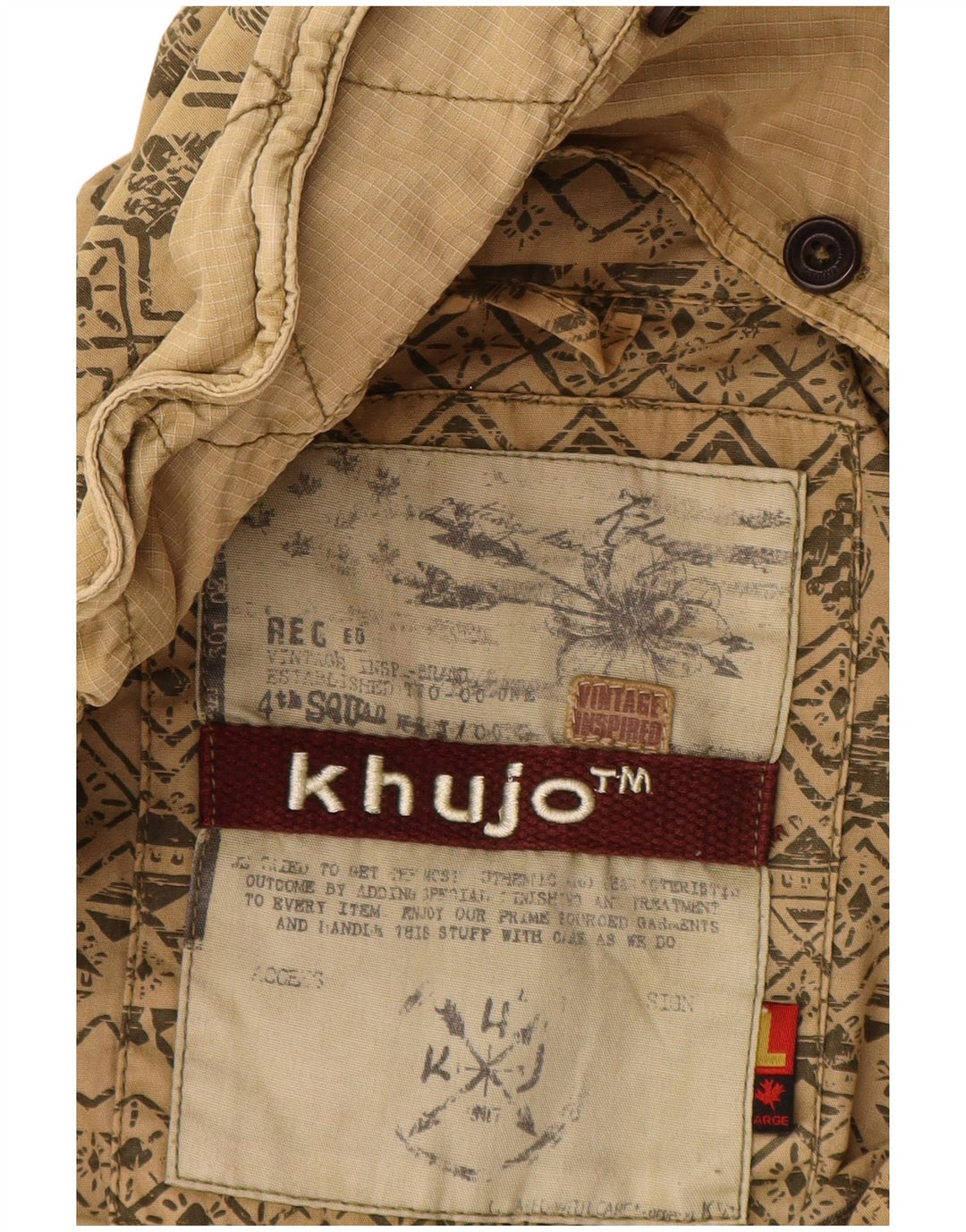 KHUJO Womens Hooded Parka Jacket UK 16 Large Beige Geometric Cotton