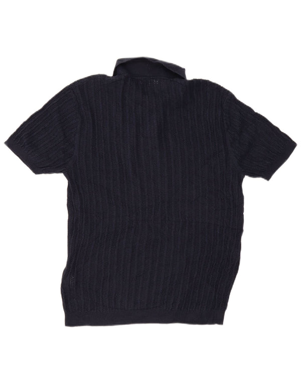 Zara Mens Short Sleeve Polo Neck Jumper Sweater Large Navy Blue Cotton