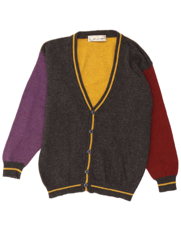 Vintage Mens Cardigan Sweater Large Grey Colourblock Wool