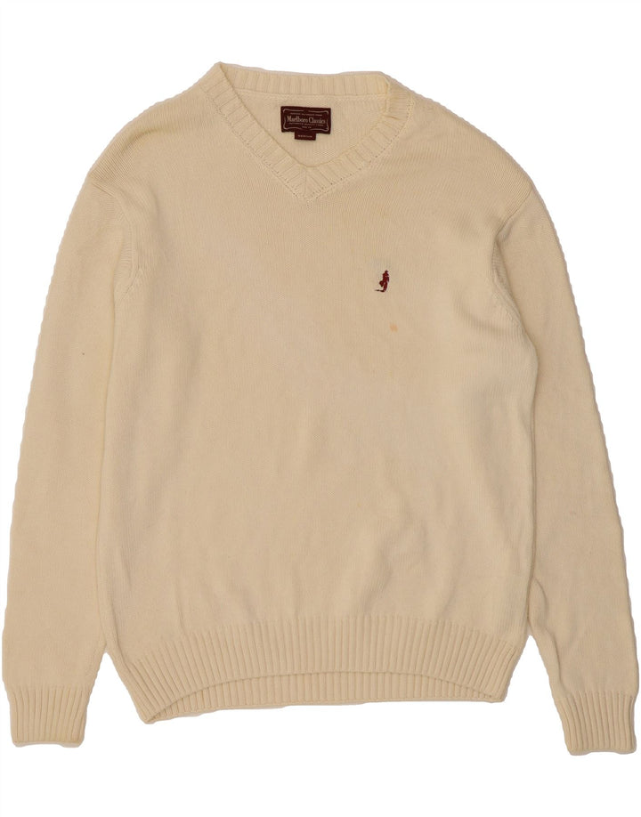 MARLBORO CLASSICS Mens V-Neck Jumper Sweater Medium White Cotton Vintage Marlboro Classics and Second-Hand Marlboro Classics from Messina Hembry 