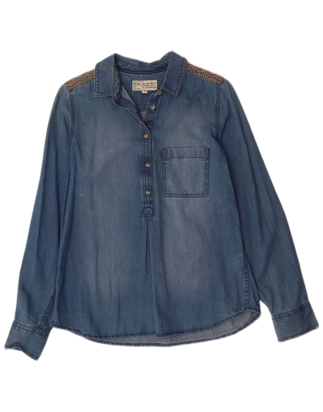 Fat Face Womens Denim Pullover Shirt UK 12 Medium Blue Cotton Bohemian