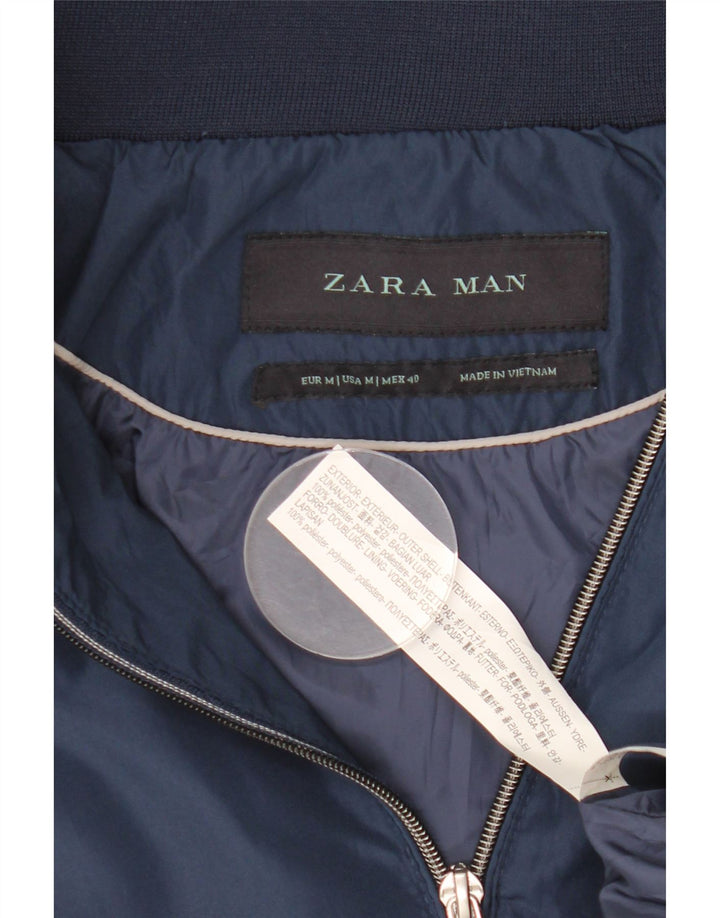 Zara Mens Hooded Bomber Jacket UK 38 Medium Navy Blue Polyester