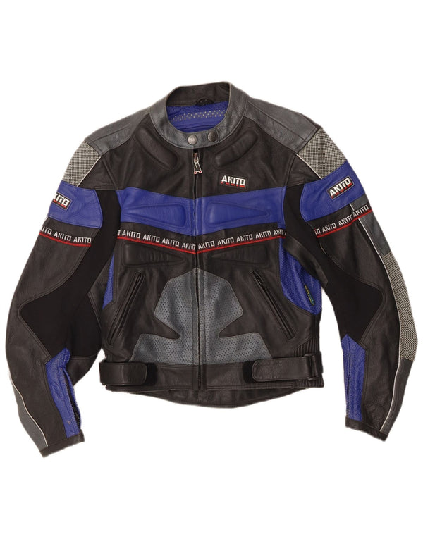 Akito Womens Graphic Leather Racer Jacket UK 12 Medium Black Colourblock