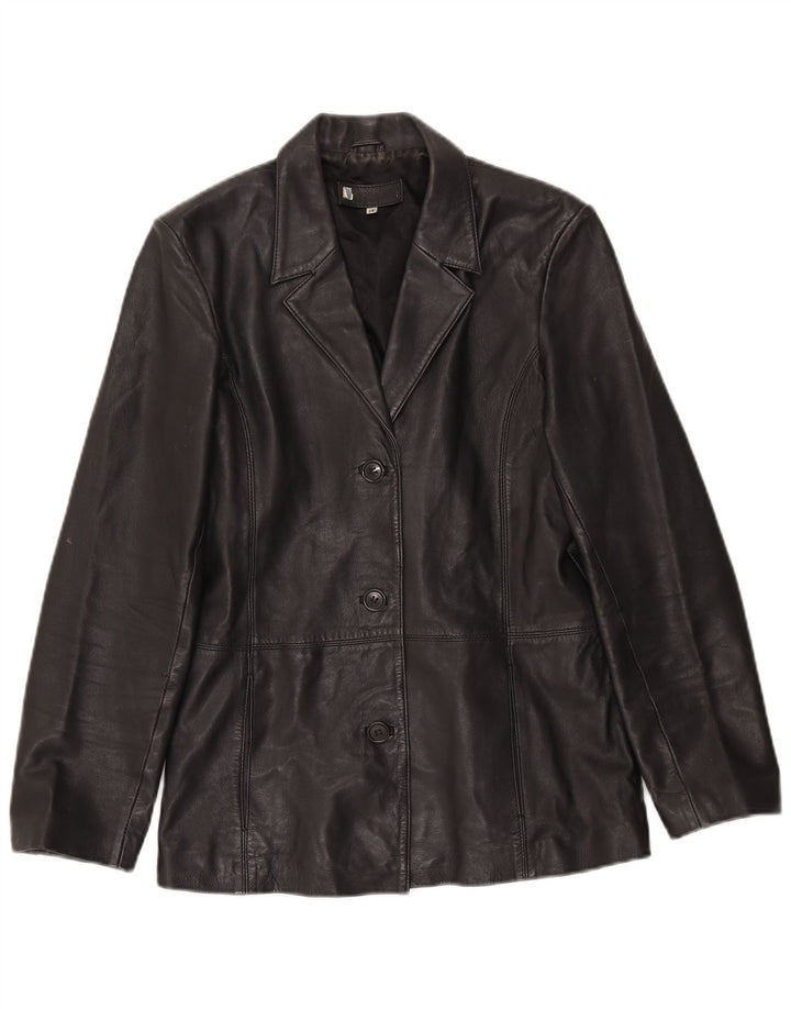 Vintage Womens 3 Button Leather Blazer Jacket UK 14 Large Black Leather