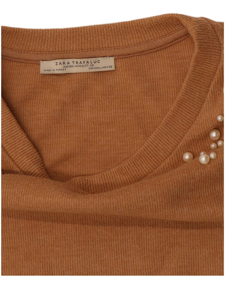 ZARA Womens Crop Crew Neck Jumper Sweater UK 16 Large Brown