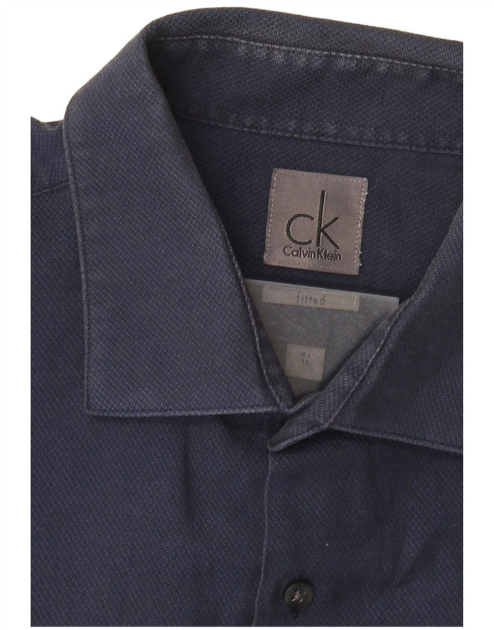 Calvin Klein Mens Fitted Shirt Size 17 XL Navy Blue Cotton