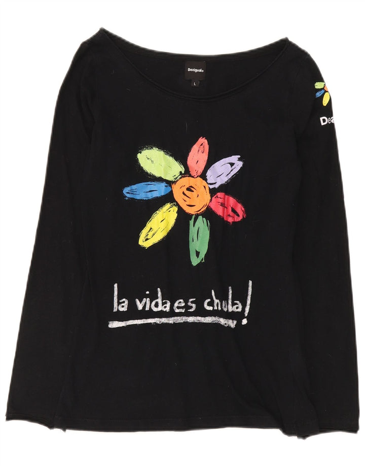 DESIGUAL Womens Graphic Top Long Sleeve UK 14 Large Black Cotton