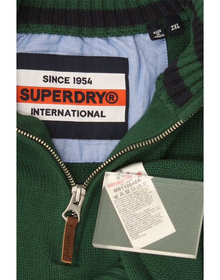 SUPERDRY Mens Zip Neck Jumper Sweater 2XL Green Cotton